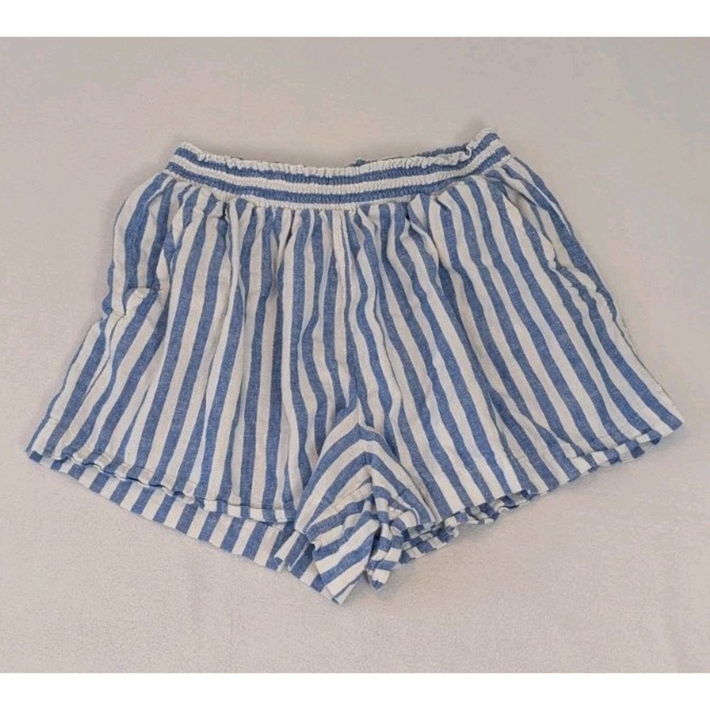 AVA & VIV Linen Blend Shorts 1X Pull On Blue Strips Pockets Inseam 4" Waist 32"